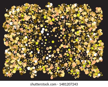 Chaotic circles on black background. Vector illustration object. Graphic element of your design. Gold elegant trendy pattern for paper packaging, greeting card, banner, invitation, postcard.