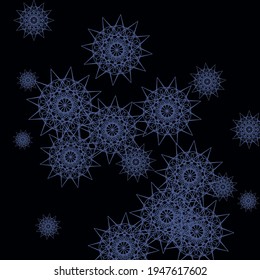 Ilustración caótica de Estrellas Folk Azul Frío. Colorida Composición Gótica Negra de Navidad Año Nuevo. Patrón de invierno de impresión de invierno afilado por misterio. Papel de fondo del Cielo de Mandala oscuro con copas de nieve.