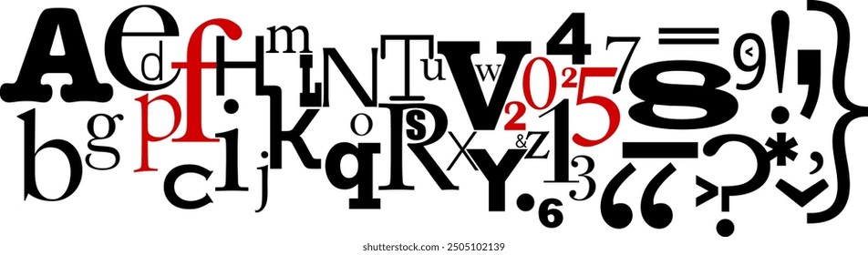 Chaotic collage of diverse fonts, numbers and symbols, creating visually striking and eclectic mixture of typographical elements. PF 2025 inscription highlighted in red. Vector illustration.