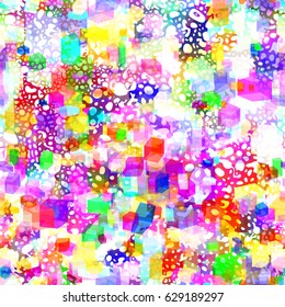 Chaotic colorful 3d cubes and white blots. Abstract seamless background for fabric, wrapping, home decor.