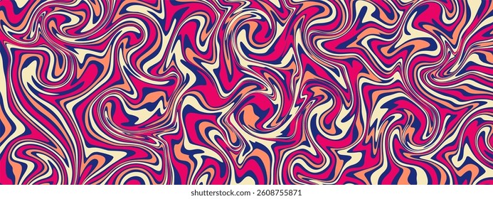A chaotic, colorful abstract vector background with swirling, fluid lines in pink, cream, orange, and navy tones, forming a psychedelic, liquid-style pattern.