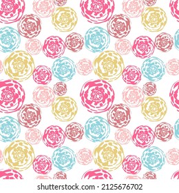 Chaotic colorful circle brush imprints of different size on white, seamless background. Smooth round shapes print. Abstract decorative geometric vector pattern for textile, surface, graphic design.