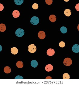 Chaotic Colorful Polka Dots. Vector painted background.  Hand drawn Abstract dotted, for fabric print, greeting card, table cloth, fashion, Irregular unusual seamless pattern. Textured cute.