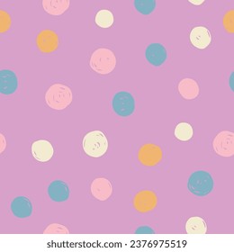 Chaotic Colorful Polka Dots. Vector painted background.  Hand drawn Abstract dotted, for fabric print, greeting card, table cloth, fashion, Irregular unusual seamless pattern. Textured cute.