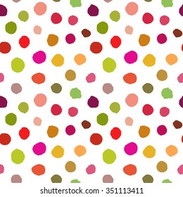 Chaotic Colorful Polka Dots. Vector painted background. Abstract dotted ornament for fabric print, greeting card, table cloth, furniture. Irregular unusual seamless pattern. Textured cute.