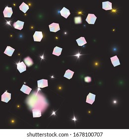 El caótico contexto de Confetti. Borde de aceite. Tarjeta de aniversario geométrico. Vector Square Bokeh. Fondo irlandés. Holo Confetti. Partículas de cubo holográfico aisladas. Tarjeta de cumpleaños con textura metálica.