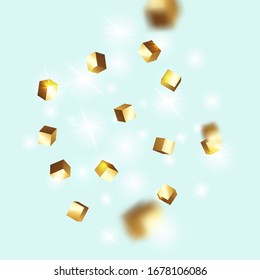 El caótico contexto de Confetti. Borde de aceite. Vector Square Bokeh. Fondo irlandés. Tarjeta de aniversario geométrico. Tarjeta de cumpleaños con textura metálica. Confetti de oro. Partículas De Cubo Dorado Aisladas.