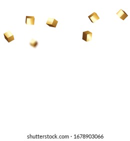 El caótico contexto de Confetti. Borde de aceite. Vector Square Bokeh. Fondo irlandés. Confetti de oro. Partículas De Cubo Dorado Aisladas. Tarjeta de cumpleaños con textura metálica. Tarjeta de aniversario geométrico.
