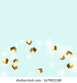 Chaotic Confetti Backdrop. Foil Border. Gold Confetti. Isolated Golden Cube Particles. Geometric Anniversary Card. Vector Square Bokeh. Iridescent Background. Birthday Card with Metallic Texture.