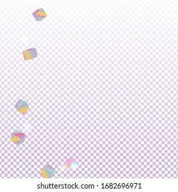 Chaotic Confetti Backdrop. Foil Border. Birthday Card with Metallic Texture. Vector Square Bokeh. Iridescent Background. Holo Confetti. Isolated Holographic Cube Particles. Geometric Anniversary Card.