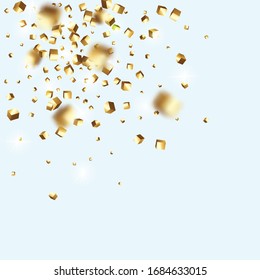 Chaotic Confetti Backdrop. Foil Border. Birthday Card with Metallic Texture. Gold Confetti. Isolated Golden Cube Particles. Vector Square Bokeh. Iridescent Background. Geometric Anniversary Card.