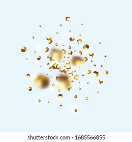 Chaotic Confetti Backdrop. Foil Border. Gold Confetti. Isolated Golden Cube Particles. Vector Square Bokeh. Iridescent Background. Birthday Card with Metallic Texture. Geometric Anniversary Card.