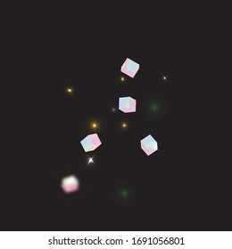 Chaotic Confetti Backdrop. Foil Border. Holo Confetti. Isolated Holographic Cube Particles. Geometric Anniversary Card. Birthday Card with Metallic Texture. Vector Square Bokeh. Iridescent Background.