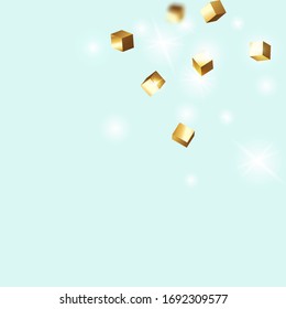 Chaotic Confetti Backdrop. Foil Border. Geometric Anniversary Card. Birthday Card with Metallic Texture. Gold Confetti. Isolated Golden Cube Particles. Vector Square Bokeh. Iridescent Background.