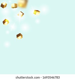 Chaotic Confetti Backdrop. Foil Border. Gold Confetti. Isolated Golden Cube Particles. Birthday Card with Metallic Texture. Geometric Anniversary Card. Vector Square Bokeh. Iridescent Background.