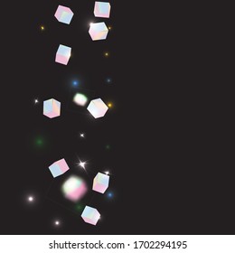 El caótico contexto de Confetti. Borde de aceite. Holo Confetti. Partículas de cubo holográfico aisladas. Tarjeta de cumpleaños con textura metálica. Vector Square Bokeh. Fondo irlandés. Tarjeta de aniversario geométrico.