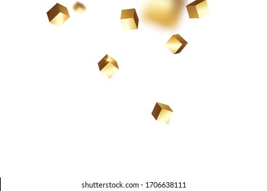 Chaotic Confetti Backdrop. Foil Border. Vector Square Bokeh. Iridescent Background. Gold Confetti. Isolated Golden Cube Particles. Birthday Card with Metallic Texture. Geometric Anniversary Card.