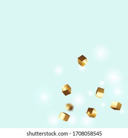  El caótico contexto de Confetti. Borde de aceite. Tarjeta de aniversario geométrico. Confetti de oro. Partículas De Cubo Dorado Aisladas. Vector Square Bokeh. Fondo irlandés. Tarjeta de cumpleaños con textura metálica.
