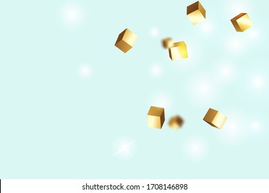 Chaotic Confetti Backdrop. Foil Border. Birthday Card with Metallic Texture. Geometric Anniversary Card. Gold Confetti. Isolated Golden Cube Particles. Vector Square Bokeh. Iridescent Background.