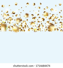  El caótico contexto de Confetti. Borde de aceite. Vector Square Bokeh. Fondo irlandés. Tarjeta de aniversario geométrico. Confetti de oro. Partículas De Cubo Dorado Aisladas.Tarjeta de cumpleaños con textura metálica.