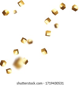 Chaotic Confetti Backdrop. Foil Border. Birthday Card with Metallic Texture. Vector Square Bokeh. Iridescent Background. Geometric Anniversary Card. Gold Confetti. Isolated Golden Cube Particles.