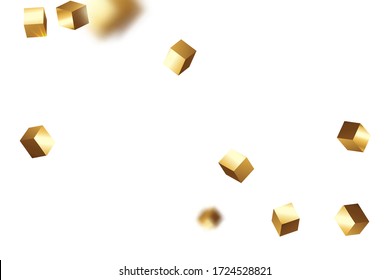 Chaotic Confetti Backdrop. Foil Border. Birthday Card with Metallic Texture. Vector Square Bokeh. Iridescent Background. Geometric Anniversary Card. Gold Confetti. Isolated Golden Cube Particles.