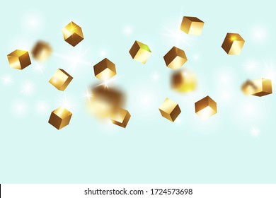 El caótico contexto de Confetti. Borde de aceite. Confetti de oro. Partículas de cubo dorado aisladas. Vector Square Bokeh. Fondo irlandés. Tarjeta de cumpleaños con textura metálica. Tarjeta de aniversario geométrico.