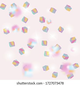 El caótico contexto de Confetti. Borde de aceite. Tarjeta de aniversario geométrico. Tarjeta de cumpleaños con textura metálica. Holo Confetti. Partículas de cubo holográfico aislado. Vector Square Bokeh. Fondo irlandés.