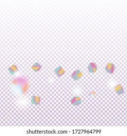Chaotic Confetti Backdrop. Foil Border. Birthday Card with Metallic Texture. Holo Confetti. Isolated Holographic Cube Particles. Geometric Anniversary Card. Vector Square Bokeh. Iridescent Background.