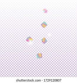 Chaotic Confetti Backdrop. Foil Border. Vector Square Bokeh. Iridescent Background. Birthday Card with Metallic Texture. Holo Confetti. Isolated Holographic Cube Particles. Geometric Anniversary Card.