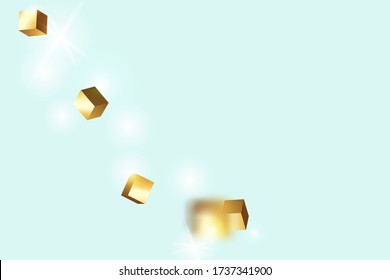 Chaotic Confetti Backdrop. Foil Border. Vector Square Bokeh. Iridescent Background. Birthday Card with Metallic Texture. Gold Confetti. Isolated Golden Cube Particles. Geometric Anniversary Card.
