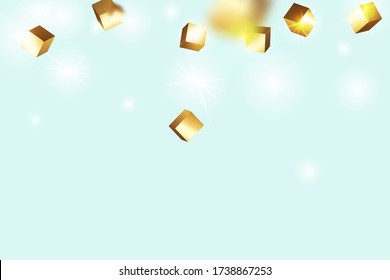 Chaotic Confetti Backdrop. Foil Border. Birthday Card with Metallic Texture. Vector Square Bokeh. Iridescent Background. Geometric Anniversary Card. Gold Confetti. Isolated Golden Cube Particles.