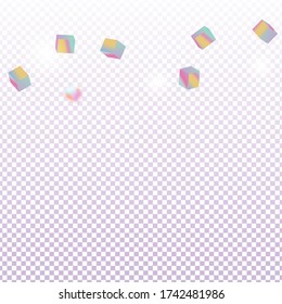 Chaotic Confetti Backdrop. Foil Border. Birthday Card with Metallic Texture. Geometric Anniversary Card. Holo Confetti. Isolated Holographic Cube Particles. Vector Square Bokeh. Iridescent Background.