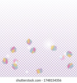 Chaotic Confetti Backdrop. Foil Border. Birthday Card with Metallic Texture. Vector Square Bokeh. Iridescent Background. Holo Confetti. Isolated Holographic Cube Particles. Geometric Anniversary Card.