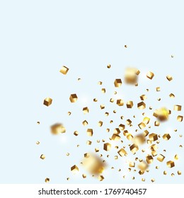 Chaotic Confetti Backdrop. Foil Border. Gold Confetti. Isolated Golden Cube Particles. Vector Square Bokeh. Iridescent Background. Geometric Anniversary Card. Birthday Card with Metallic Texture.
