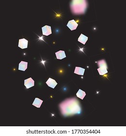El caótico contexto de Confetti. Borde de aceite. Holo Confetti. Partículas de cubo holográfico aislado. Vector Square Bokeh. Fondo irlandés. Tarjeta de cumpleaños con textura metálica. Tarjeta de aniversario geométrico.