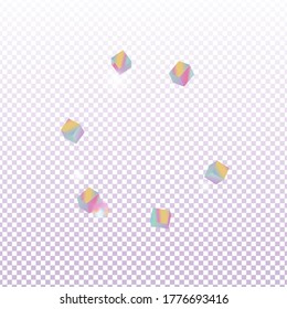El caótico contexto de Confetti. Borde de aceite. Tarjeta de cumpleaños con textura metálica. Holo Confetti. Partículas de cubo holográfico aislado. Tarjeta de aniversario geométrico. Vector Square Bokeh. Fondo irlandés.