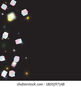 El caótico contexto de Confetti. Borde de aceite. Vector Square Bokeh. Fondo irlandés. Holo Confetti. Partículas de cubo holográfico aislado. Tarjeta de aniversario geométrico. Tarjeta de cumpleaños con textura metálica.