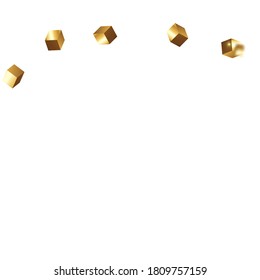 Chaotic Confetti Backdrop. Foil Border. Vector Square Bokeh. Iridescent Background. Geometric Anniversary Card. Gold Confetti. Isolated Golden Cube Particles. Birthday Card with Metallic Texture.