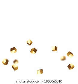 Chaotic Confetti Backdrop. Foil Border. Geometric Anniversary Card. Gold Confetti. Isolated Golden Cube Particles. Birthday Card with Metallic Texture. Vector Square Bokeh. Iridescent Background.