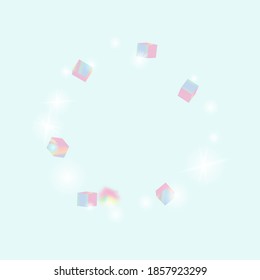 Chaotic Confetti Backdrop. Foil Border. Geometric Anniversary Card. Vector Square Bokeh. Iridescent Background. Birthday Card with Metallic Texture. Holo Confetti. Isolated Holographic Cube Particles.