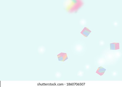 Chaotic Confetti Backdrop. Foil Border. Birthday Card with Metallic Texture. Vector Square Bokeh. Iridescent Background. Geometric Anniversary Card. Holo Confetti. Isolated Holographic Cube Particles.