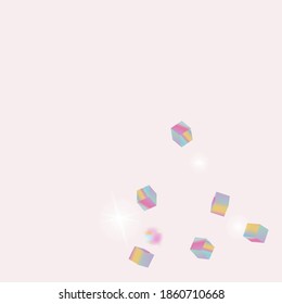 Chaotic Confetti Backdrop. Foil Border. Geometric Anniversary Card. Birthday Card with Metallic Texture. Holo Confetti. Isolated Holographic Cube Particles. Vector Square Bokeh. Iridescent Background.