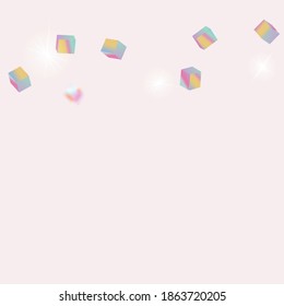 Chaotic Confetti Backdrop. Foil Border. Holo Confetti. Isolated Holographic Cube Particles. Geometric Anniversary Card. Vector Square Bokeh. Iridescent Background. Birthday Card with Metallic Texture.
