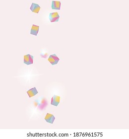 Chaotic Confetti Backdrop. Foil Border. Vector Square Bokeh. Iridescent Background. Birthday Card with Metallic Texture. Geometric Anniversary Card. Holo Confetti. Isolated Holographic Cube Particles.