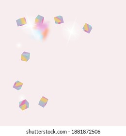 Chaotic Confetti Backdrop. Foil Border. Geometric Anniversary Card. Vector Square Bokeh. Iridescent Background. Birthday Card with Metallic Texture. Holo Confetti. Isolated Holographic Cube Particles.