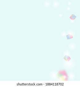 Chaotic Confetti Backdrop. Foil Border. Geometric Anniversary Card. Holo Confetti. Isolated Holographic Cube Particles. Birthday Card with Metallic Texture. Vector Square Bokeh. Iridescent Background.
