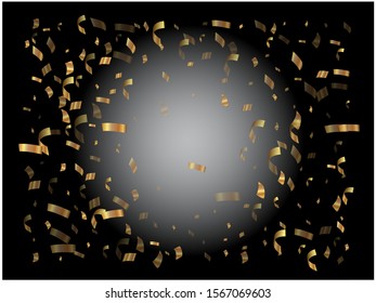 Chaotic confetti isolated on black background. Vector illustration. Fresh particles. Golden beautiful, shiny, abstract elements for paper packaging or greeting card.