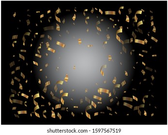 Chaotic confetti isolated on black background. Vector illustration. Decorative particles. Golden beautiful, shiny, abstract elements for paper packaging or greeting card.
