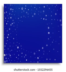 Chaotic confetti isolated on blue background. Magic particles. Vector illustration. White beautiful, shiny, abstract snowflakes for paper packaging or greeting card.